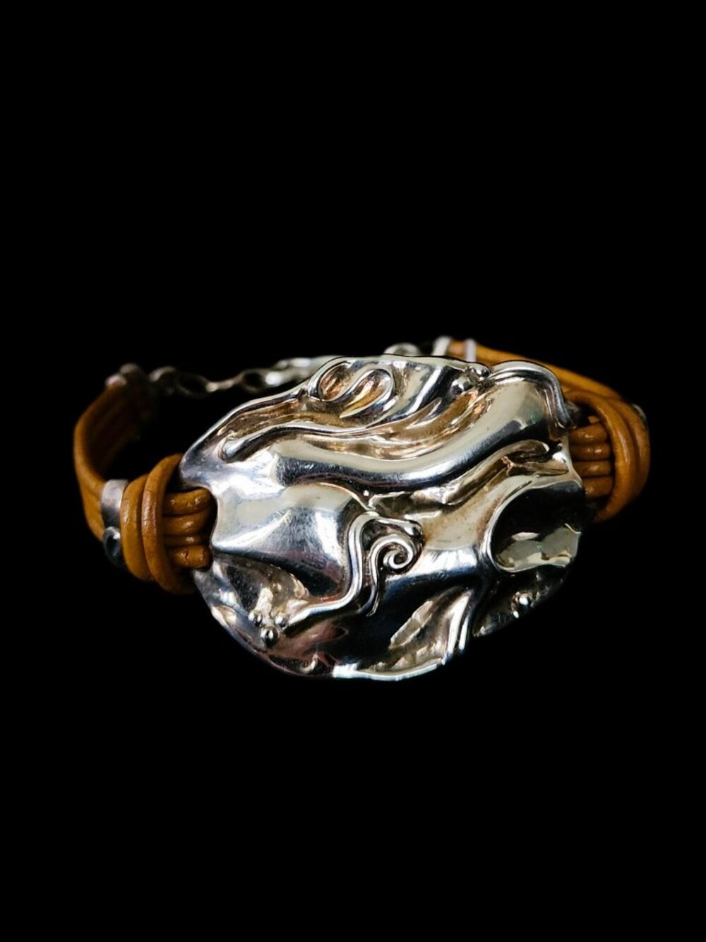 Vintage 1990s Hagit Gorali Sterling Silver & Leather Modernist Bracelet Israel